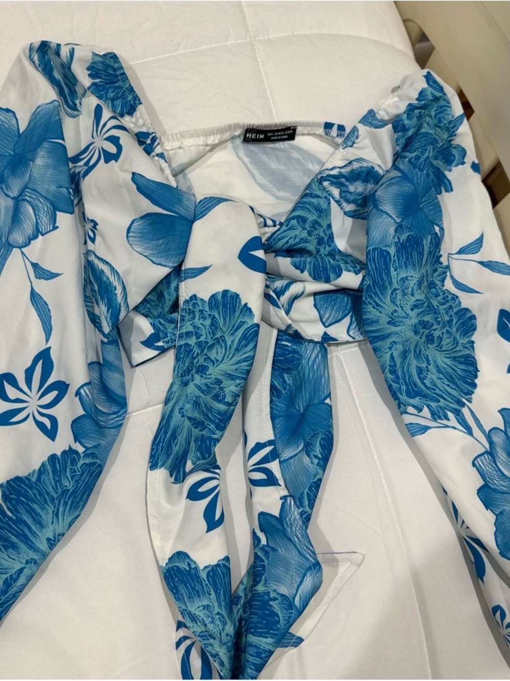 SHEIN White Blouse with Blue Floral Tie-Neck